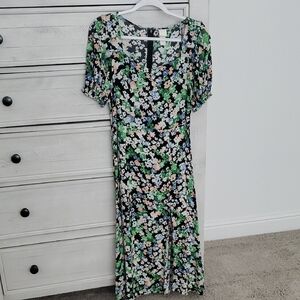 H&M Green and Black Puff Sleeve Midi Sundress
